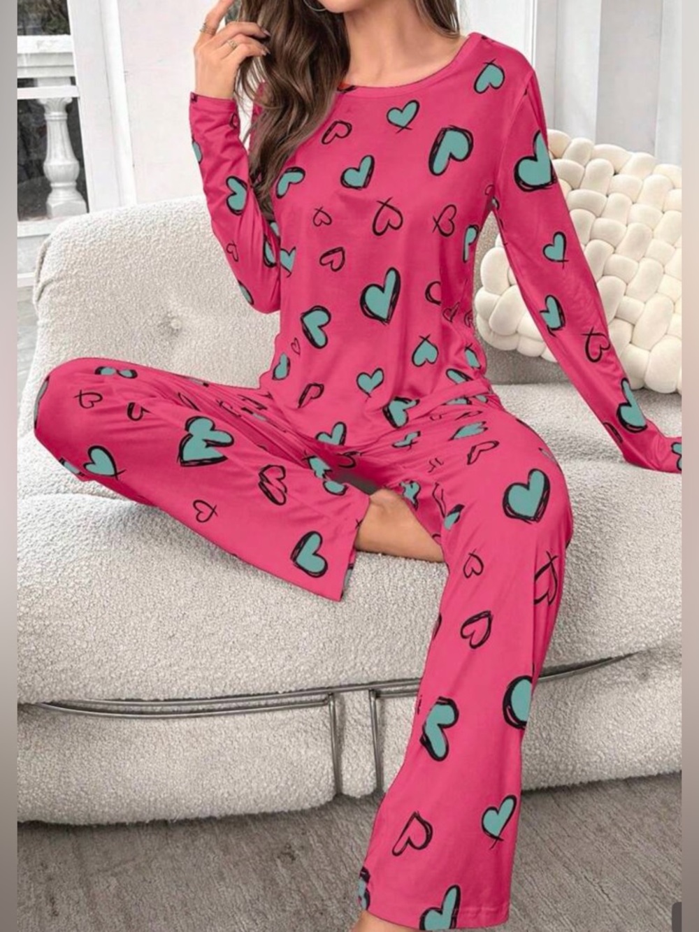 Pink Heart-Print Women's Pajama Set